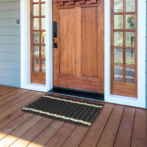 Front Door Mats Outdoor, Lobster Rope Doormat in Black with Light Tan Tailored Stripes