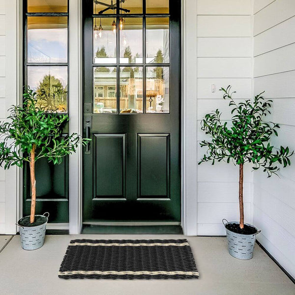 Doormat For Outdoors, Lobster Rope Doormat in Black with Light Tan Tailored Stripes, Welcome Mat