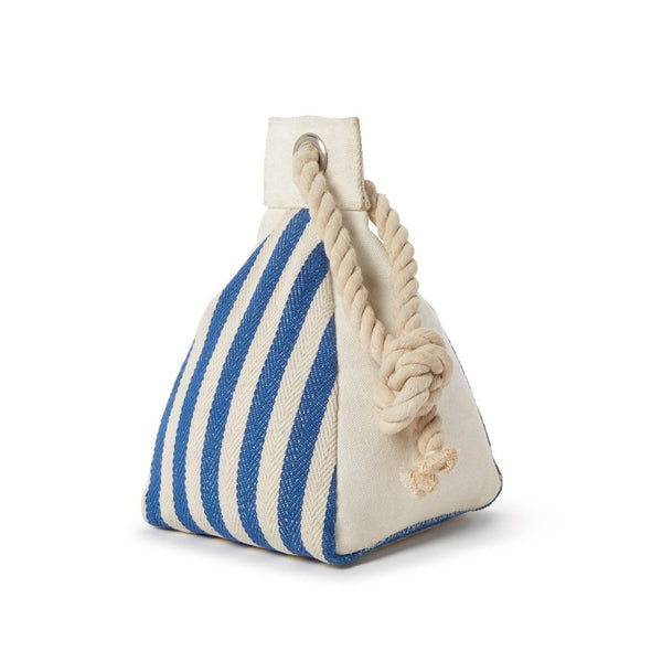 Blue and white cabana stripe door stop with rope handle, nautical home decor accent