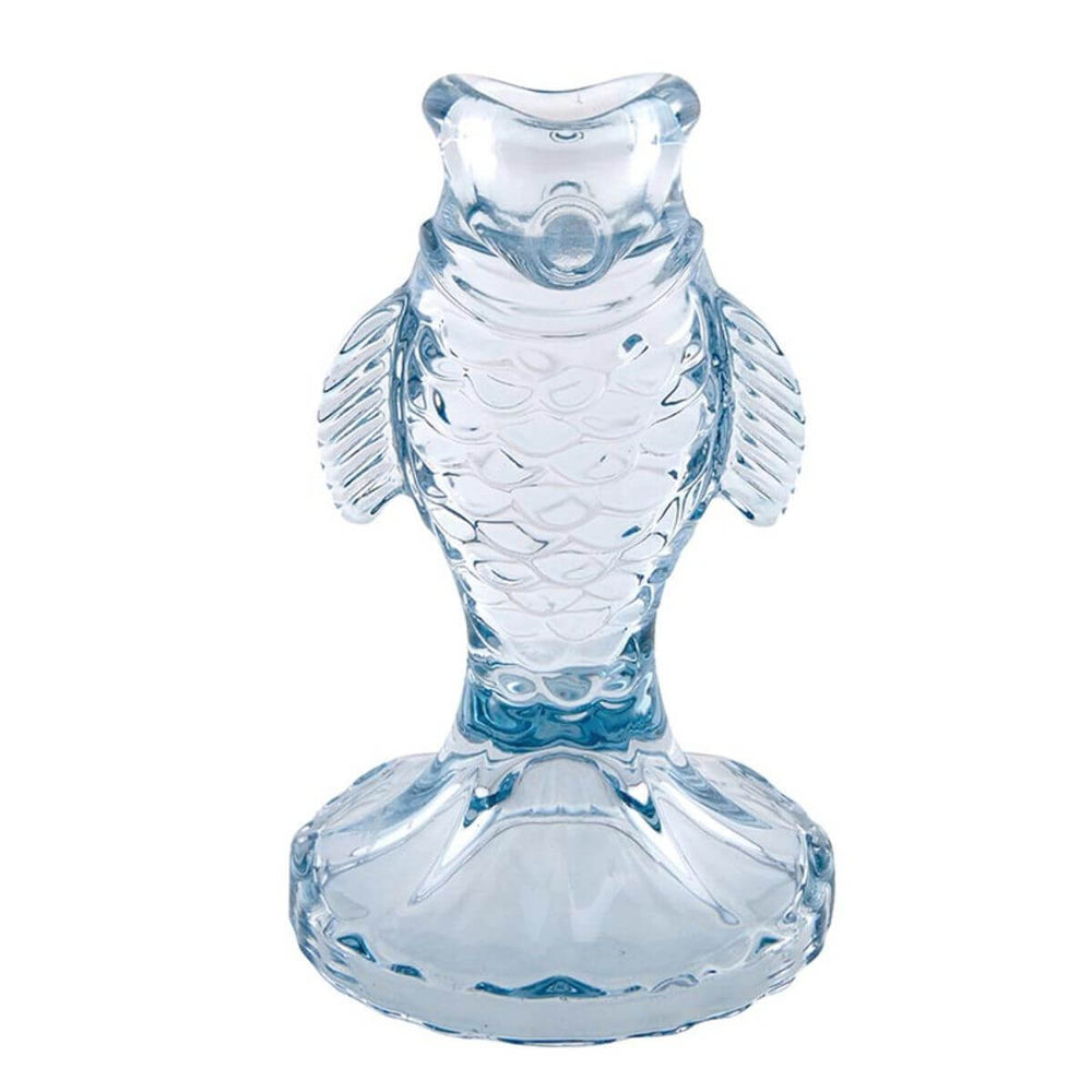 Ocean-themed blue fish candle holder for taper candles, ideal for coastal, seaside, or nautical home décor displays.