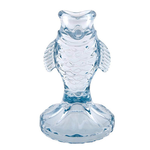 Ocean-themed blue fish candle holder for taper candles, ideal for coastal, seaside, or nautical home décor displays.