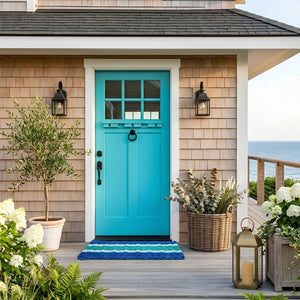 Blue, Seafoam, Teal Lobster Rope Doormat At A Coastal Front Door, Wicked Good Doormats™, Outdoor Entryway Decor, All-Weather Mat, Made In Maine