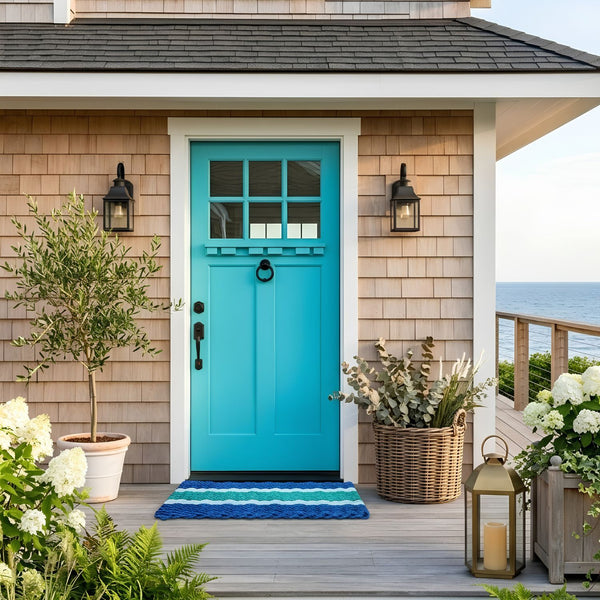 Blue, Seafoam, Teal Lobster Rope Doormat At A Coastal Front Door, Wicked Good Doormats™, Outdoor Entryway Decor, All-Weather Mat, Made In Maine