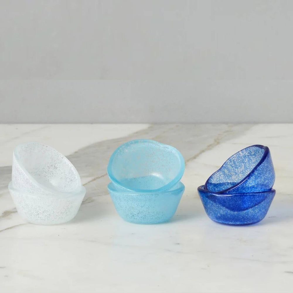 Glass pinch pot set with six blue tone bowls, perfect for spices, sauces, or tabletop seasoning organization, coastal mini bowls