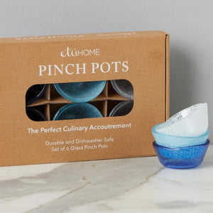 Blue glass pinch pot set of six, ideal for serving spices, sauces, or condiments, for coastal and modern kitchen