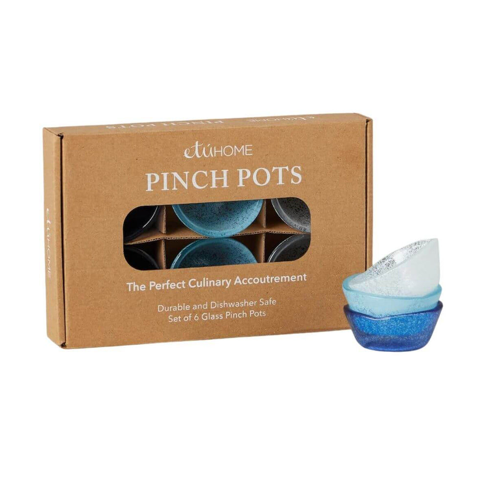 Glass pinch pot set with six blue tone bowls, perfect for spices, sauces, or tabletop seasoning organization, coastal mini bowls