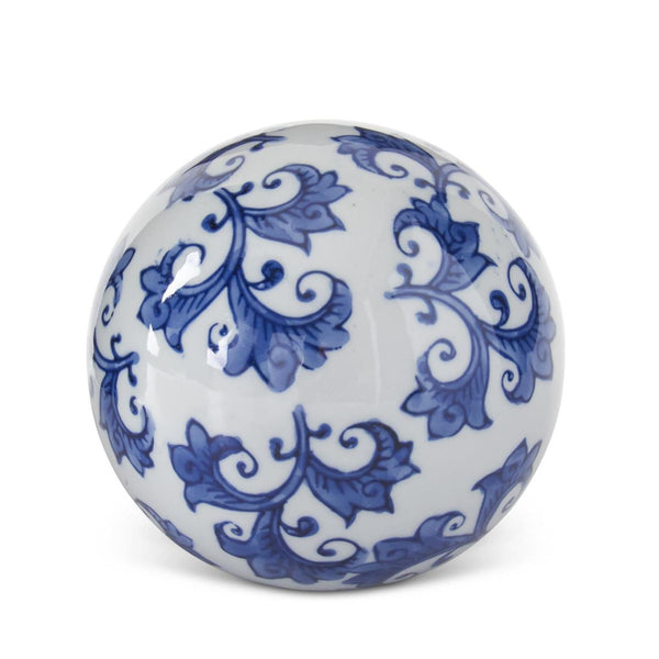 Chinoiserie ceramic ball in blue and white, polished finish, ideal for coffee tables, consoles, or decorative vignettes