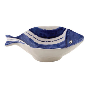 Coastal ceramic fish bowl with blue and white striped design
