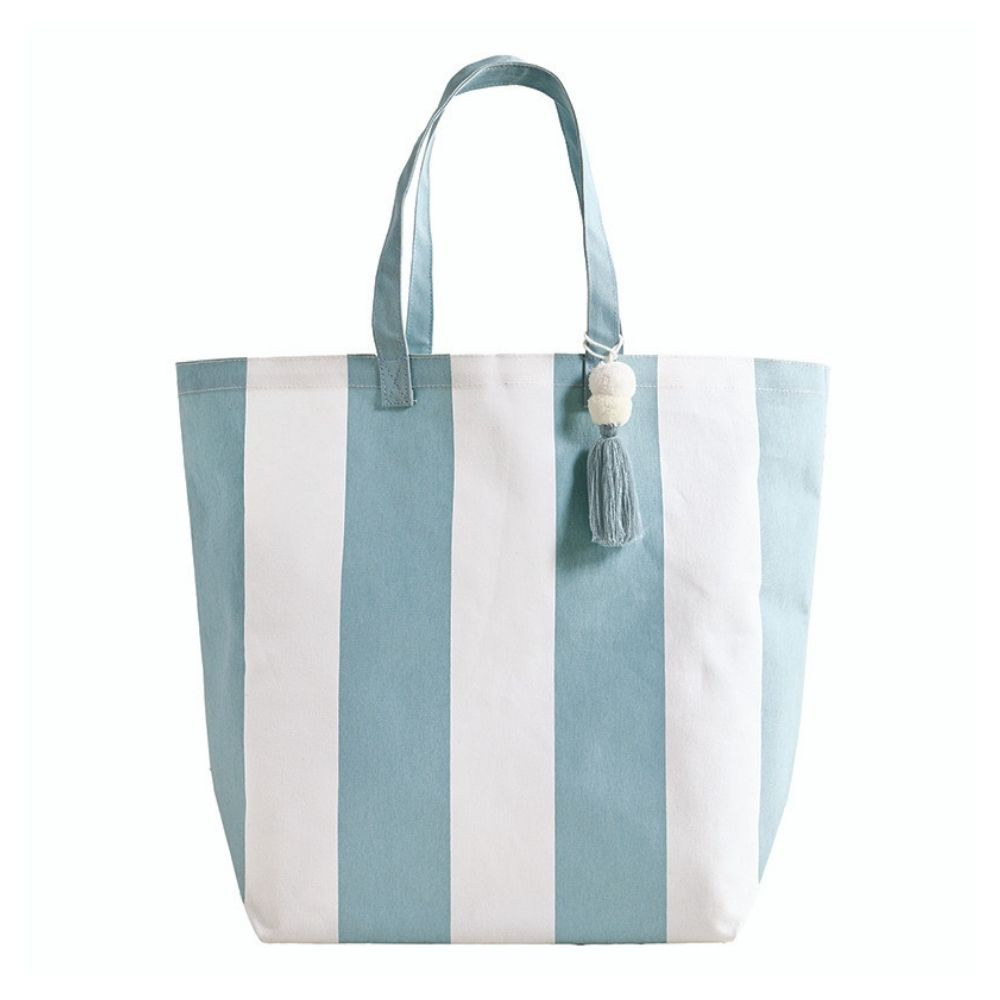 Blue cabana stripe canvas beach tote with tassel detail