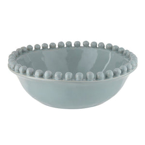 Large blue ceramic bowl with raised beaded rim, 8 inch diameter.