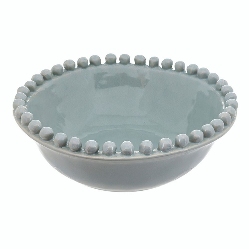 Medium blue ceramic bowl with beaded edge detail, 5 inch diameter.