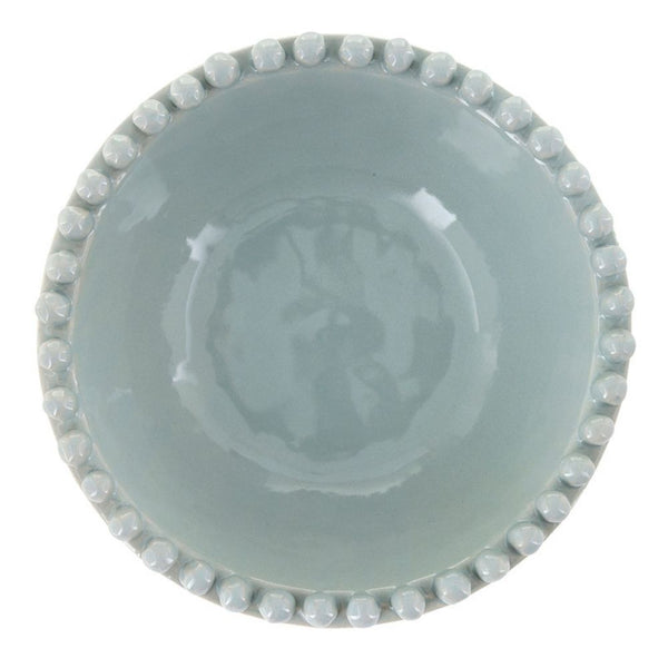 Large blue ceramic bowl with raised beaded rim, 8 inch diameter.