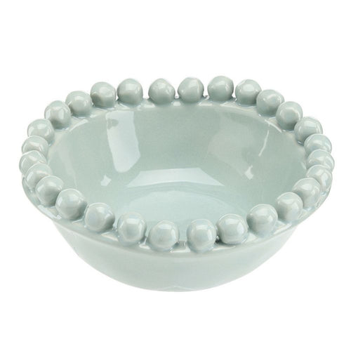 Medium blue ceramic bowl with beaded edge detail, 5 inch diameter.