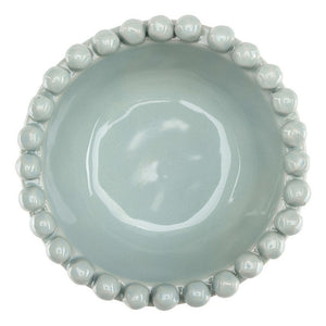 Medium blue ceramic bowl with beaded edge detail, 5 inch diameter.