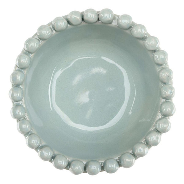 Medium blue ceramic bowl with beaded edge detail, 5 inch diameter.