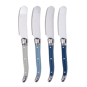 Set of four stainless steel cheese spreaders with blue handles