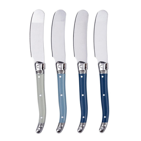 Set of four stainless steel cheese spreaders with blue handles