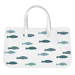 Canvas tote bag with blue fish pattern and sturdy handles