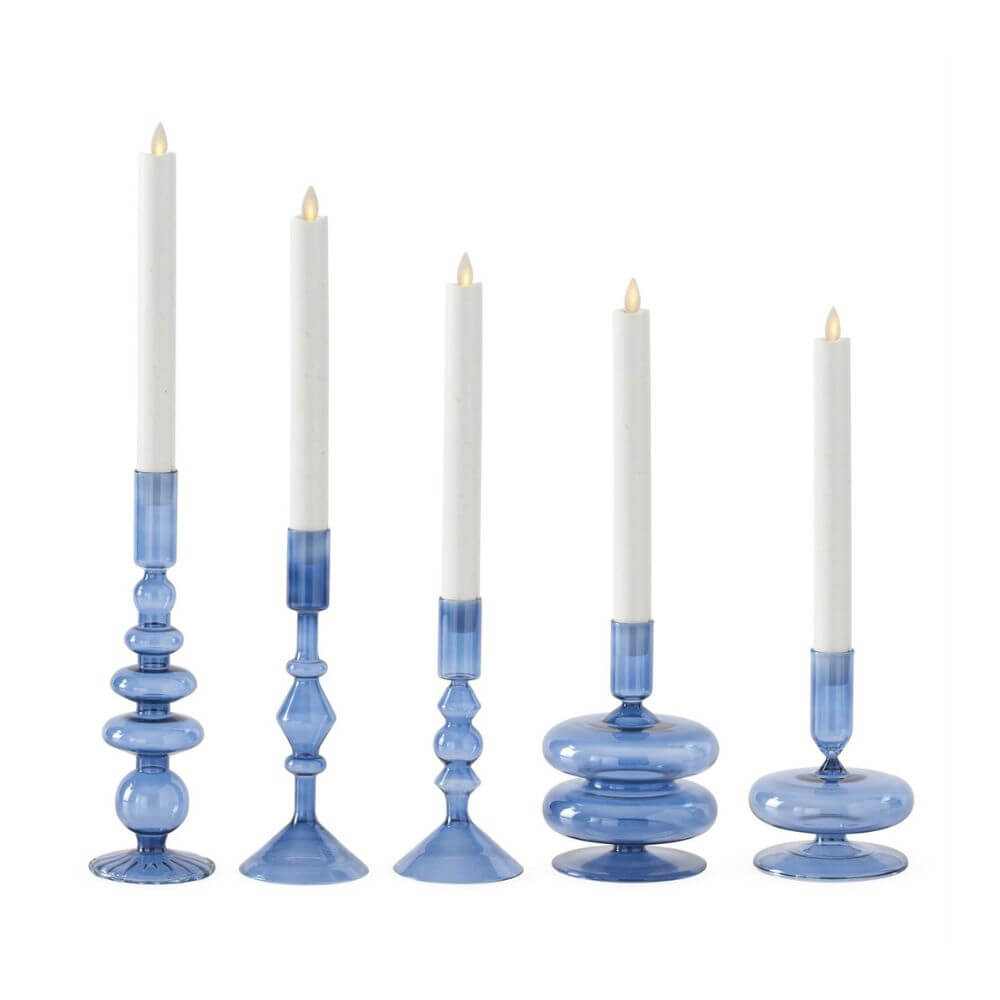 Coastal Home Decor, Blue Glass Taper Candleholders, Set of 5