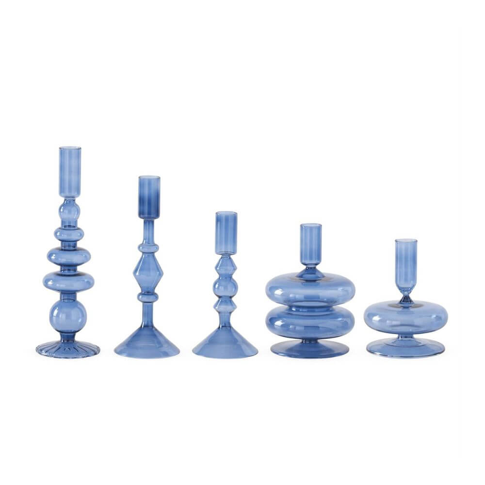 Coastal Decor, Blue Glass Taper Candleholders, Set of 5