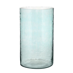 Blue hammered glass hurricane candle holder tall