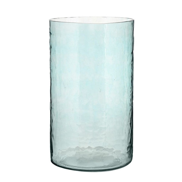 Blue hammered glass hurricane candle holder tall