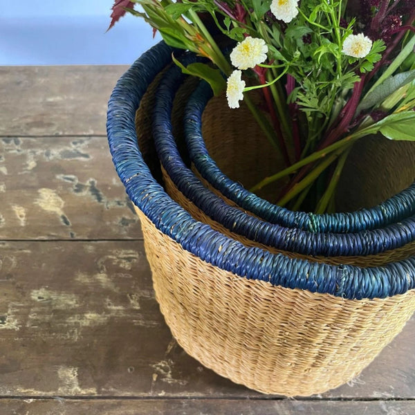 Indigo Rim Artisan Basket Trio, Set of 3 nesting sizes