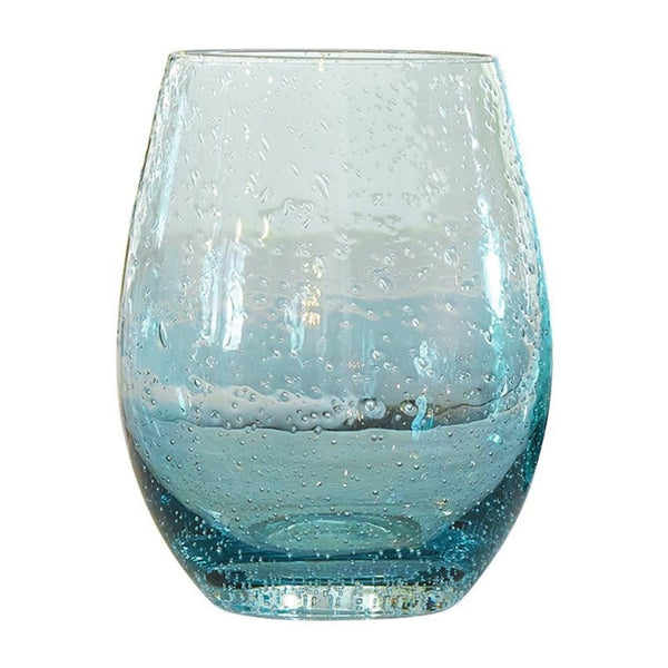 Blue seeded stemless wine glass with hand-blown rounded shape and delicate air bubbles.