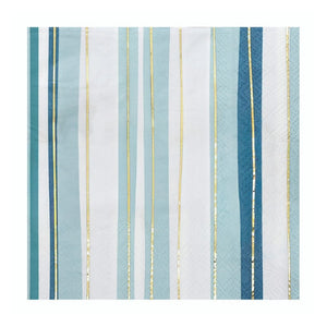 Close-up of blue and white striped paper napkin with thin gold foil lines