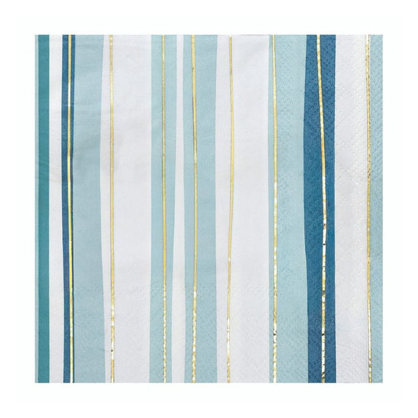 Close-up of blue and white striped paper napkin with thin gold foil lines