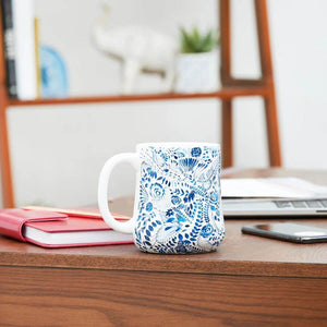 Ocean Blue Floral Coffee Mug, Coastal Ceramic Mug