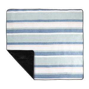 Blue and white striped picnic blanket with waterproof backing