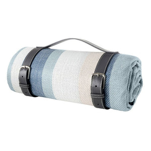 Beach stripe picnic blanket rolled with vegan leather straps