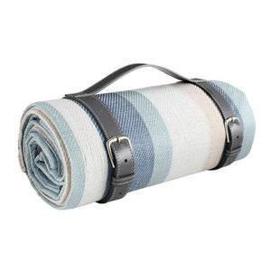 Folded blue striped outdoor picnic blanket with carrying handle