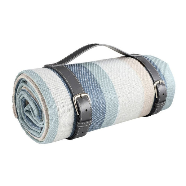 Folded blue striped outdoor picnic blanket with carrying handle