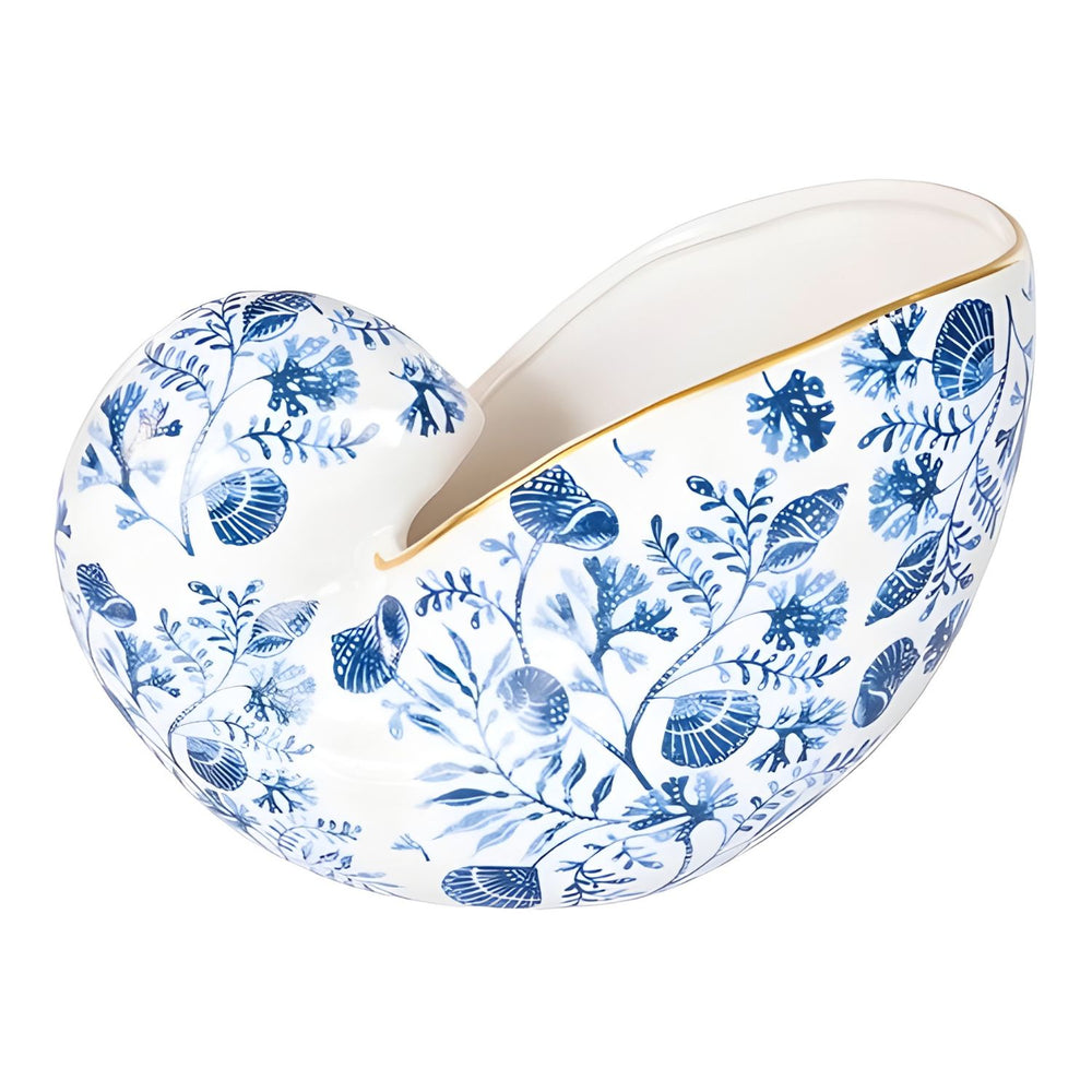 Blue and white chinoiserie shell ceramic container with coral pattern