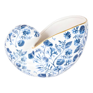 Blue and white chinoiserie shell ceramic container with coral pattern