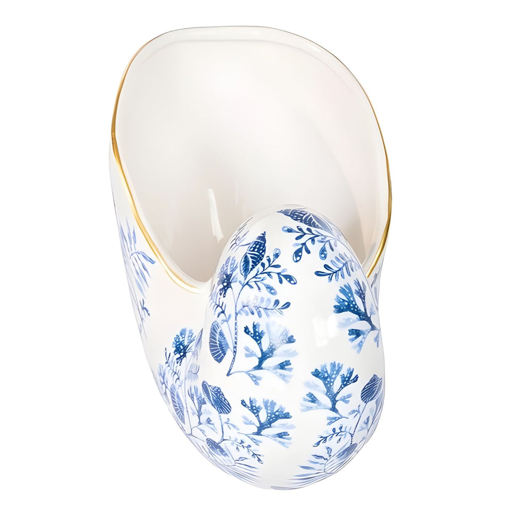 Blue and white chinoiserie shell ceramic container with coral pattern