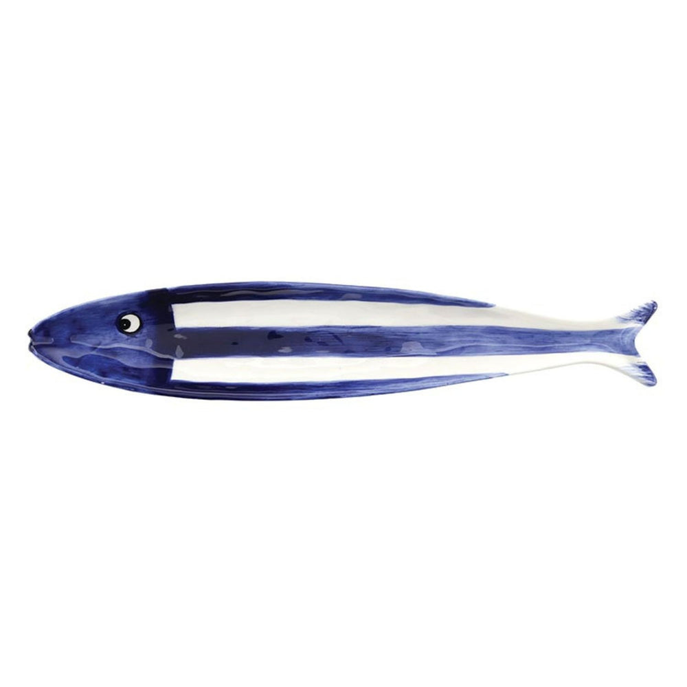 Blue and white fish appetizer platter with hand-painted stripes