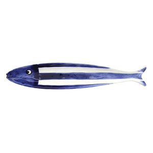 Blue and white fish appetizer platter with hand-painted stripes