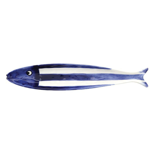 Blue and white fish appetizer platter with hand-painted stripes