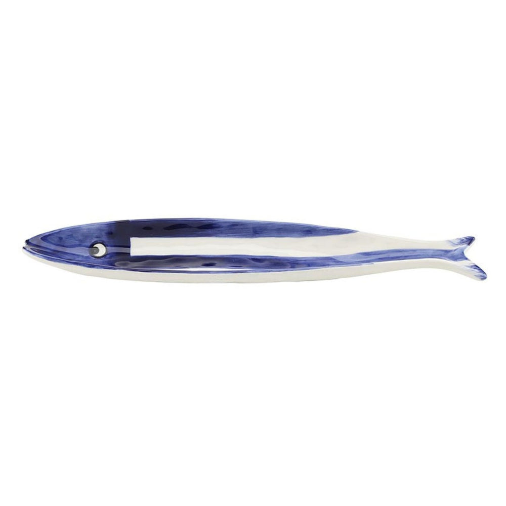 Blue and white fish appetizer platter with hand-painted stripes