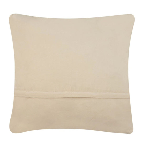 The reverse side of a square coastal throw pillow showing smooth, solid cream velvet fabric and a discreet horizontal zipper closure.