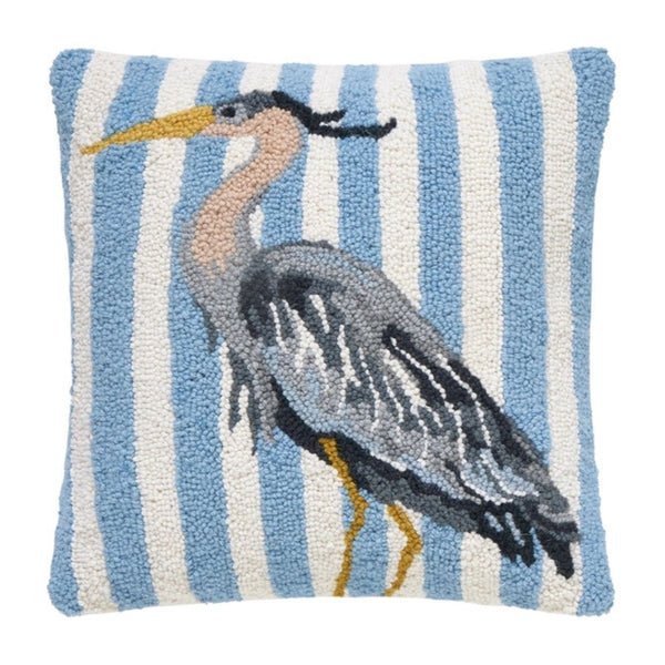 A square 16x16 hand-hooked wool pillow with a detailed Great Blue Heron centered over vertical light blue and white stripes.