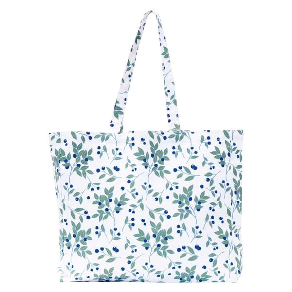 Coastal-inspired blueberries print canvas tote bag made from 100% cotton, lightweight and perfect for beach days, farmers markets, or quick grab-and-go outings