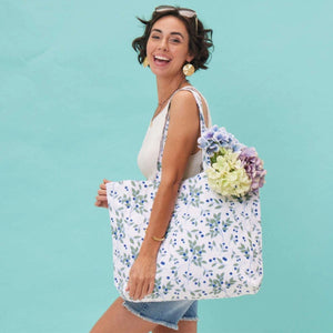 Coastal-style blueberries patterned cotton canvas tote bag, compact and stylish, designed as an easy grab-and-go bag for everyday use.
