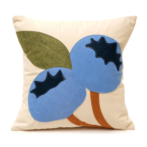 Blueberry Pillow, Coastal Decor, Lakeside Home Decor, Handstitched Accent Pillow, Fruit Pillows, Wool Blend Felt Appliqué, Natural Heavyweight Cotton Canvas Pillow, Summer Home Accents