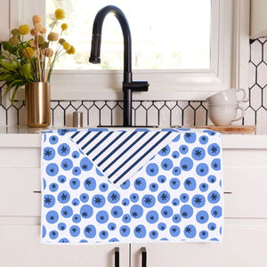 Sustainably made coastal tea towel crafted from five recycled plastic bottles, ultra-soft waffle weave microfiber designed for everyday kitchen use.