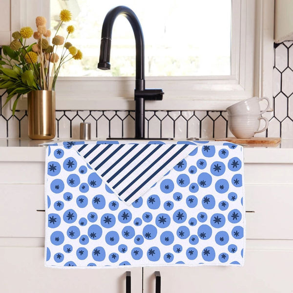 Sustainably made coastal tea towel crafted from five recycled plastic bottles, ultra-soft waffle weave microfiber designed for everyday kitchen use.