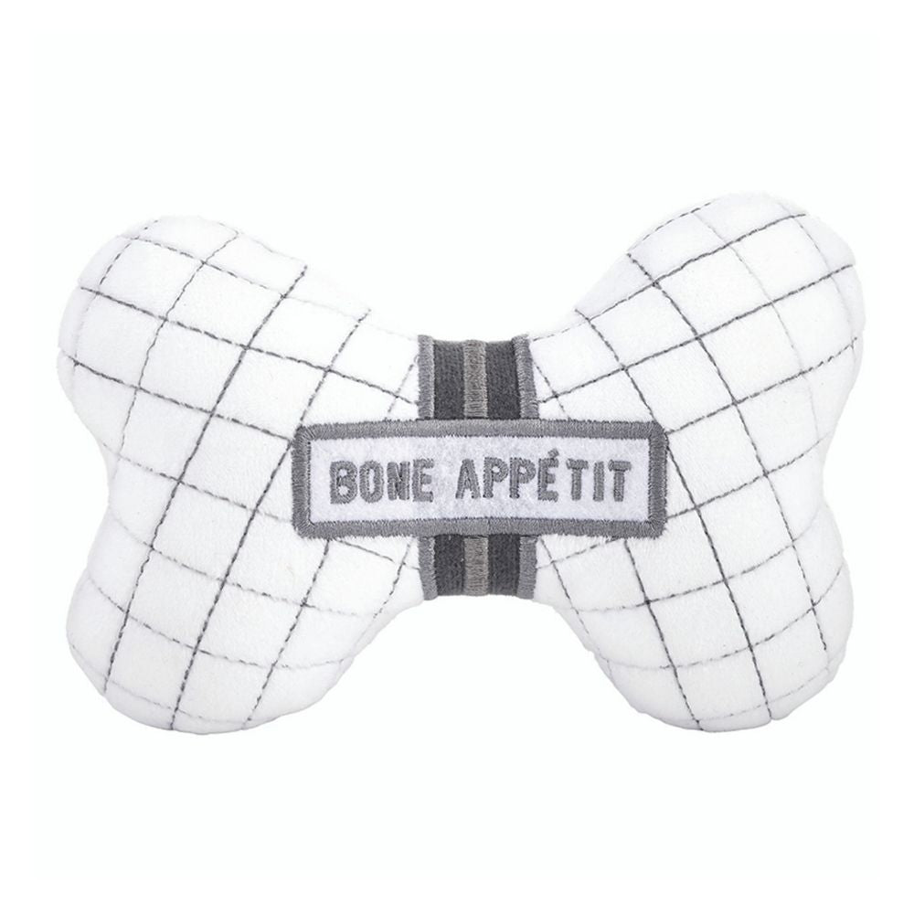 Bone-shaped plush dog toy with embroidered “Bone Appétit” text and squeaker